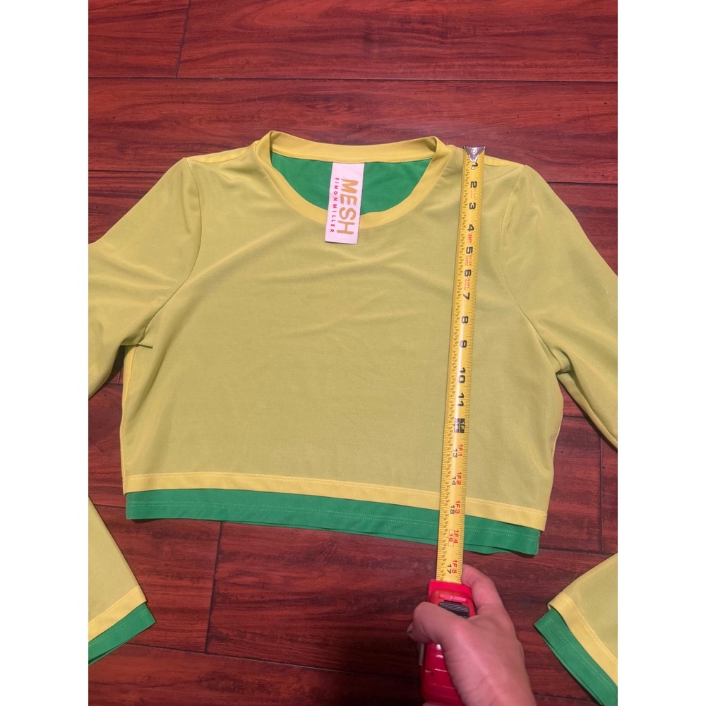 Simon Miller MESH Long Sleeve Crop Top Lime Yellow Green Layered Crew Neck L - Picture 3 of 8
